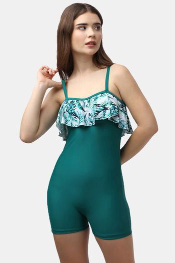 Buy Soie Polyamide Elastane Ruffled Neck Swimdress - Green Print